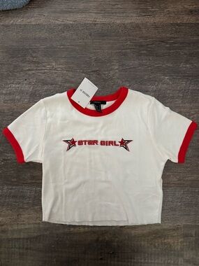 Graphic Cropped White Baby Tee with Red Trim